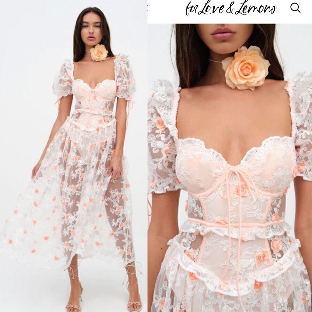 For Love and Lemons Tessa White Floral Appliqué Embroidered Midi Dress Sz M $369